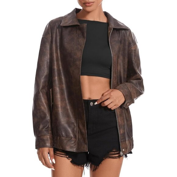Jackets & Blazers - Women's Brown Faux Leather Jacket Oversized Motorcycle Zipper Bomber Coats